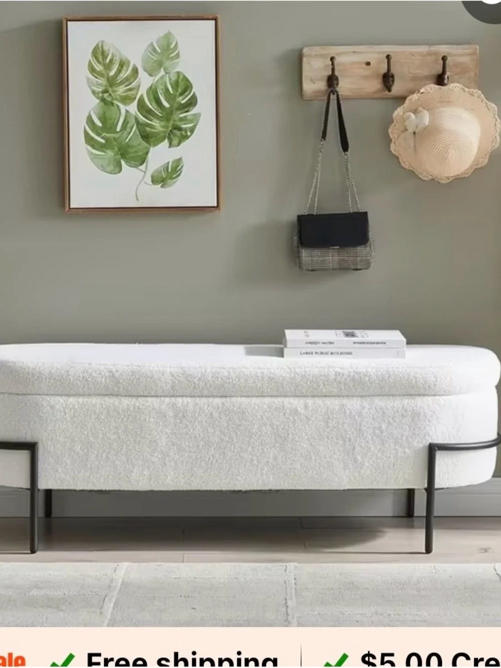 Cream Bouclé Upholstered Bench with Black Metal Base